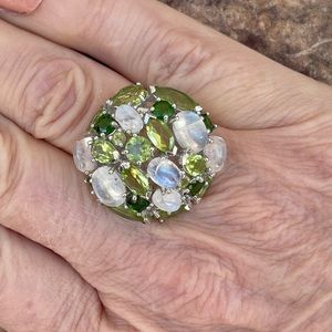 Rainbow moonstone, peridot & diopside dome ring